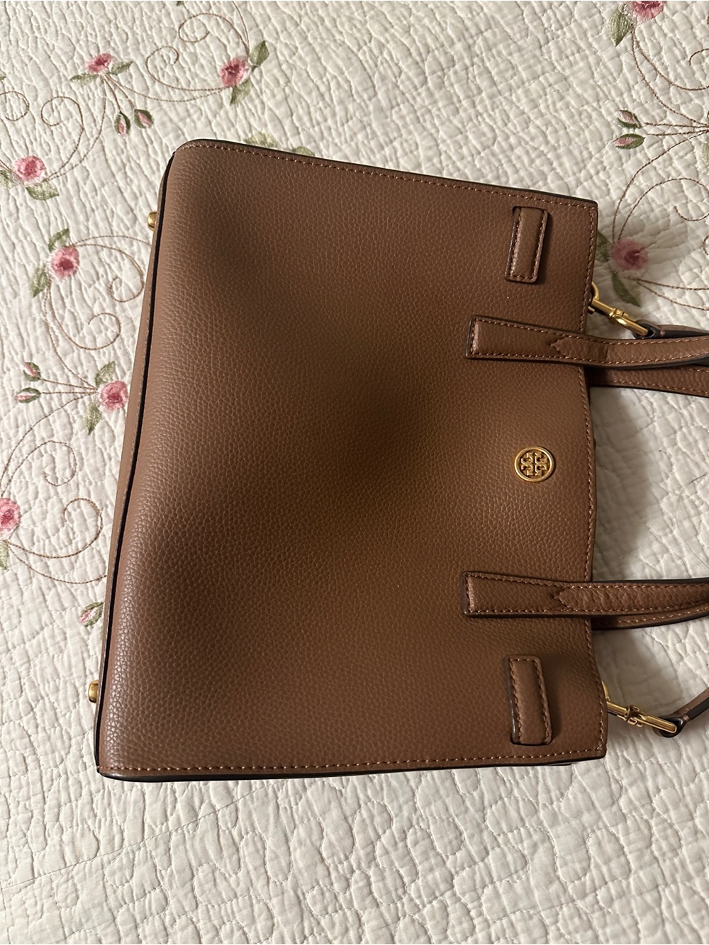 Tory Burch Brown Pebbled Leather Shoulder Bag with Gold Logo